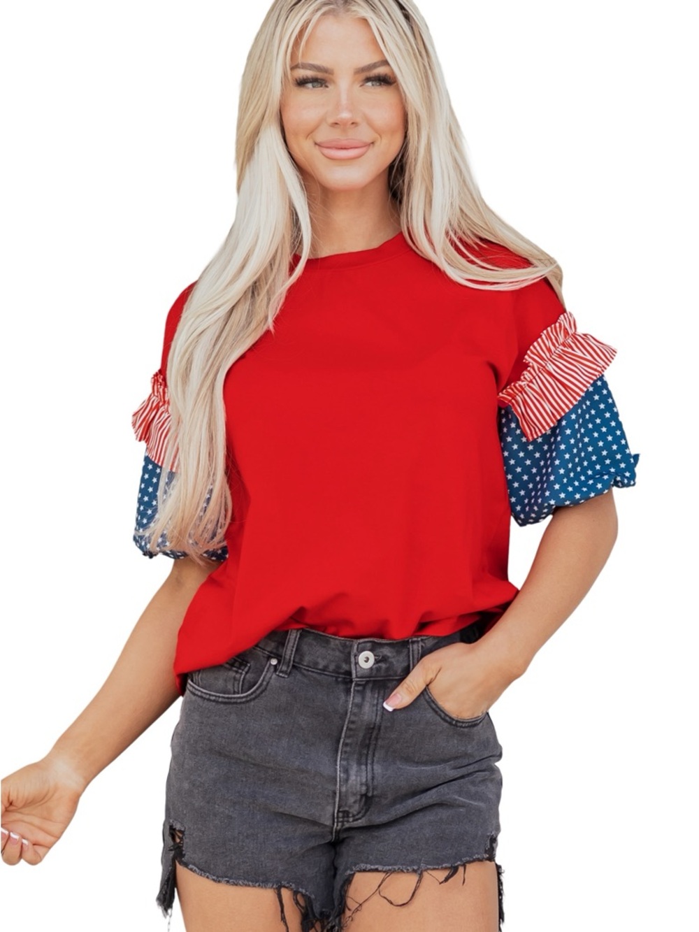 Stars & Stripes Ruffle Sleeve Women's Top in Red - Picture 4 of 9